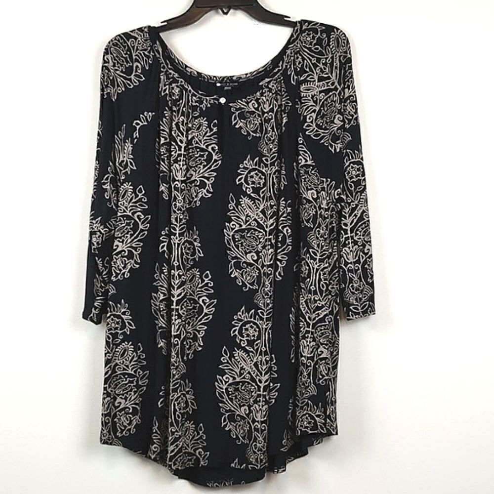 Lucky Brand Black & Tan Floral Paisley Boho 3/4 Length Sleeve Blouse Top Size 2X